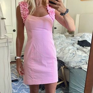 Lilly Pulitzer pink seersucker ruffled straps dress